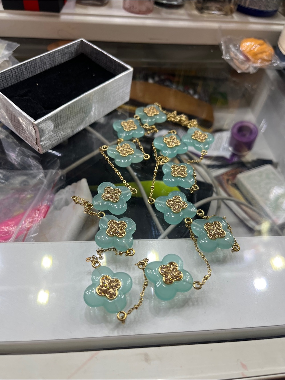 Gold & Mint Flower Link Necklace
